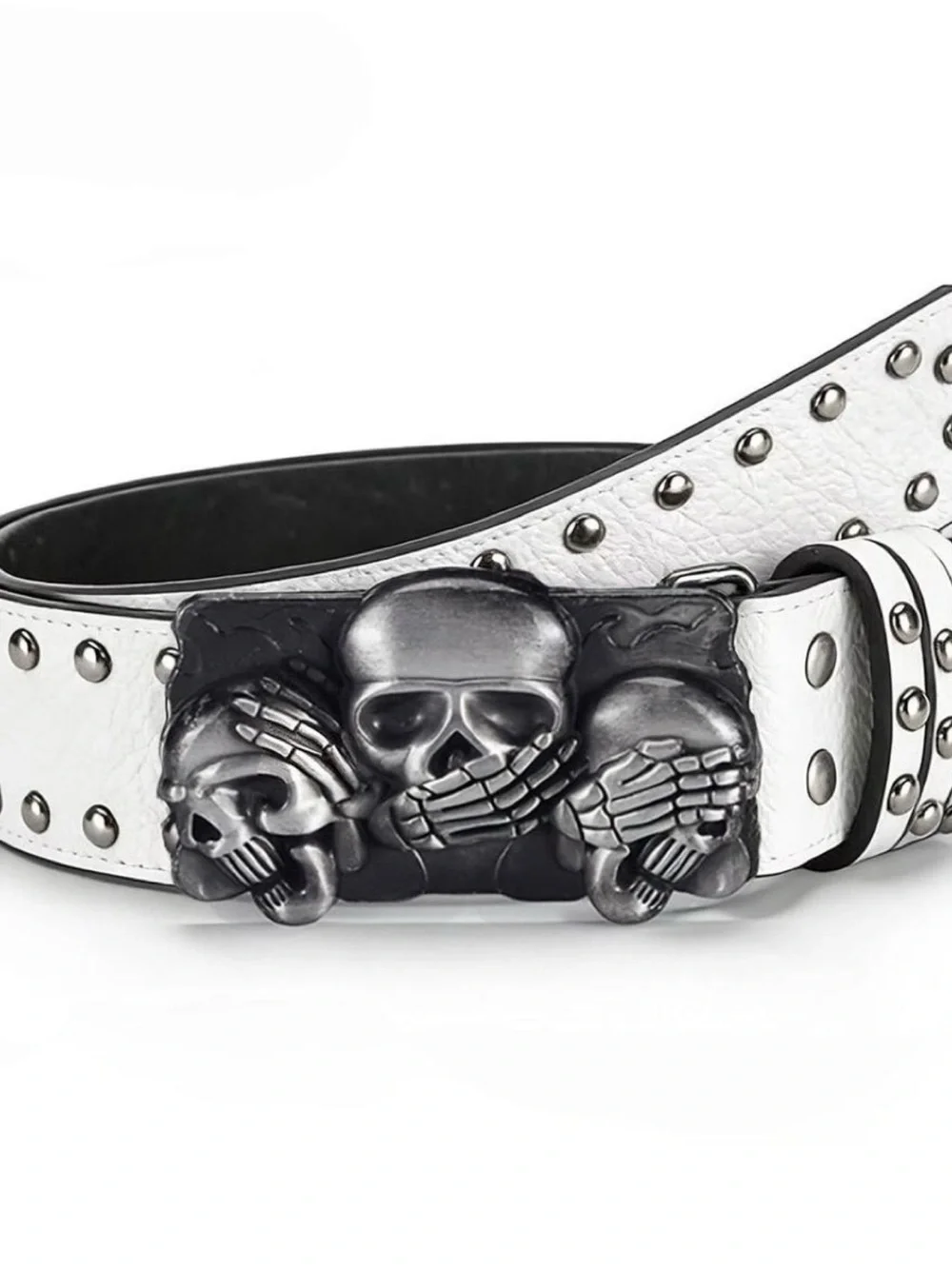 White Studded Leather Belt with Three Skull Buckle